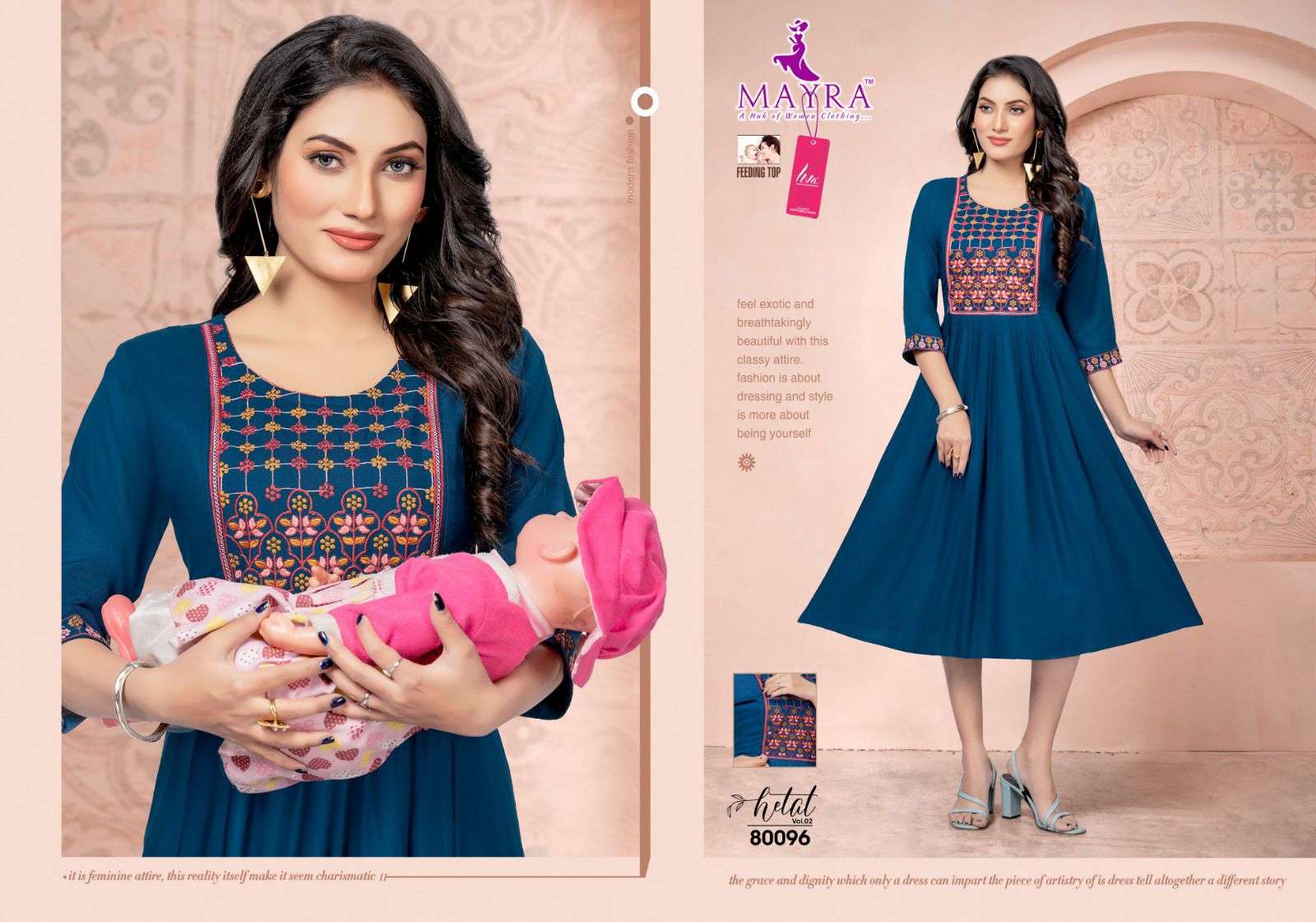 MAYRA HETAL VOL-2 Reyon 14 kg with LIVA tag with Embroydrey Feeding top with sleave work concept KURTI CATALOG WHOLESALER BEST RATE