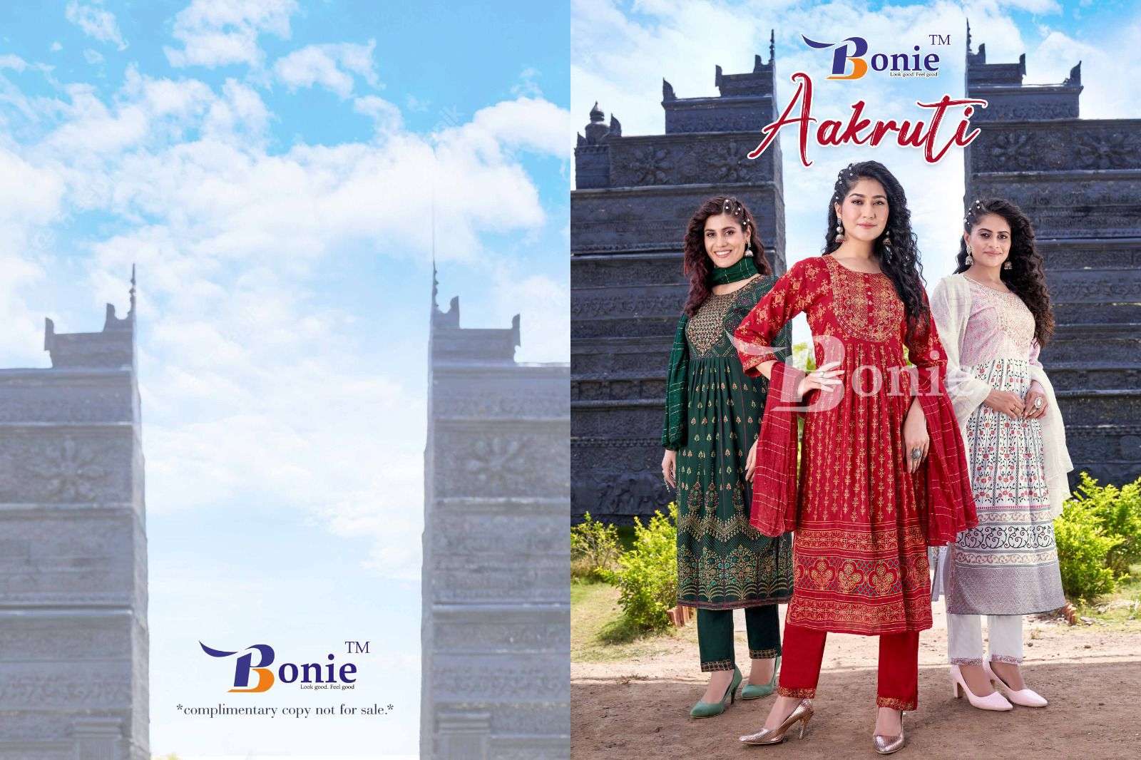 BONIE AAKRUTI Rayon 14KG Printed Nayra Kurties with Heavy Sequence work in top and Pant and dupatta READYMADE SUIT CATALOG WHOLESALER BEST RATE