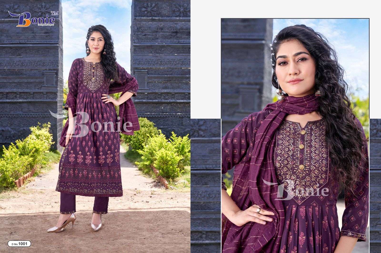 BONIE AAKRUTI Rayon 14KG Printed Nayra Kurties with Heavy Sequence work in top and Pant and dupatta READYMADE SUIT CATALOG WHOLESALER BEST RATE