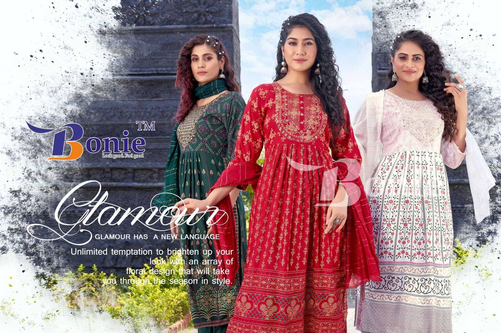 BONIE AAKRUTI Rayon 14KG Printed Nayra Kurties with Heavy Sequence work in top and Pant and dupatta READYMADE SUIT CATALOG WHOLESALER BEST RATE