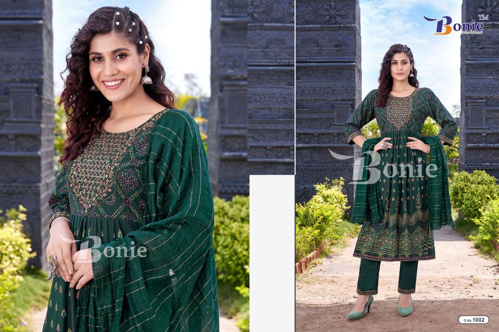 BONIE AAKRUTI Rayon 14KG Printed Nayra Kurties with Heavy Sequence work in top and Pant and dupatta READYMADE SUIT CATALOG WHOLESALER BEST RATE