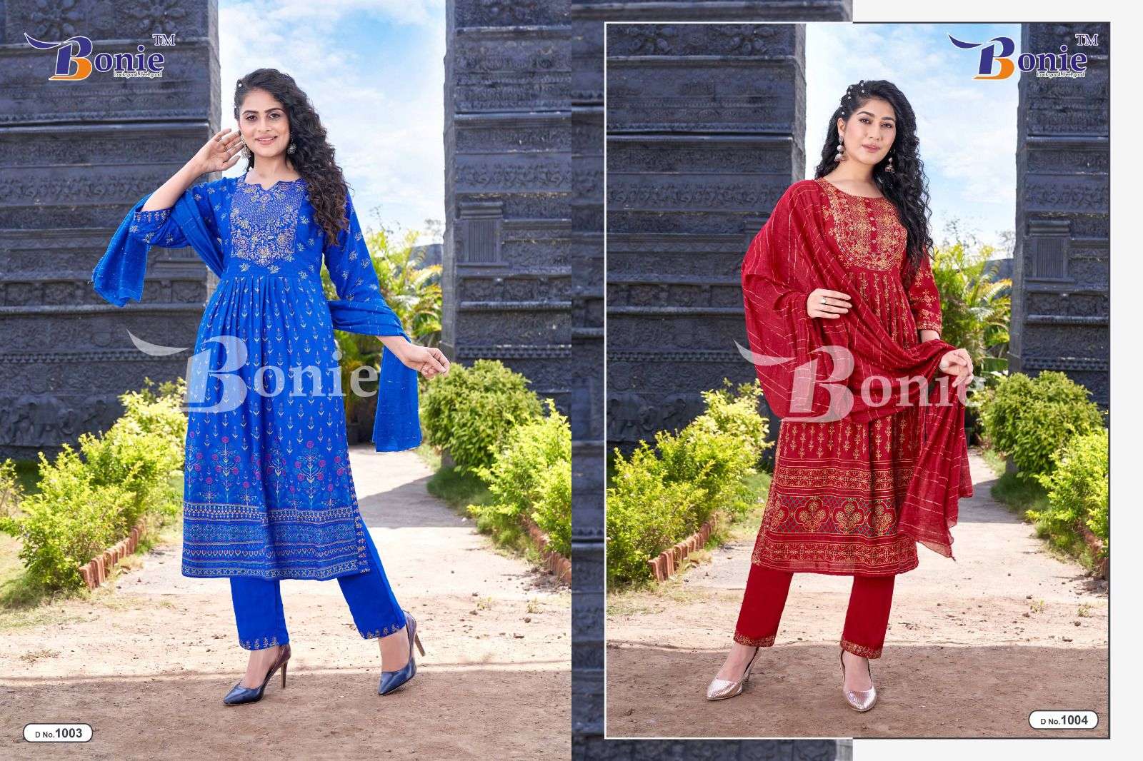 BONIE AAKRUTI Rayon 14KG Printed Nayra Kurties with Heavy Sequence work in top and Pant and dupatta READYMADE SUIT CATALOG WHOLESALER BEST RATE