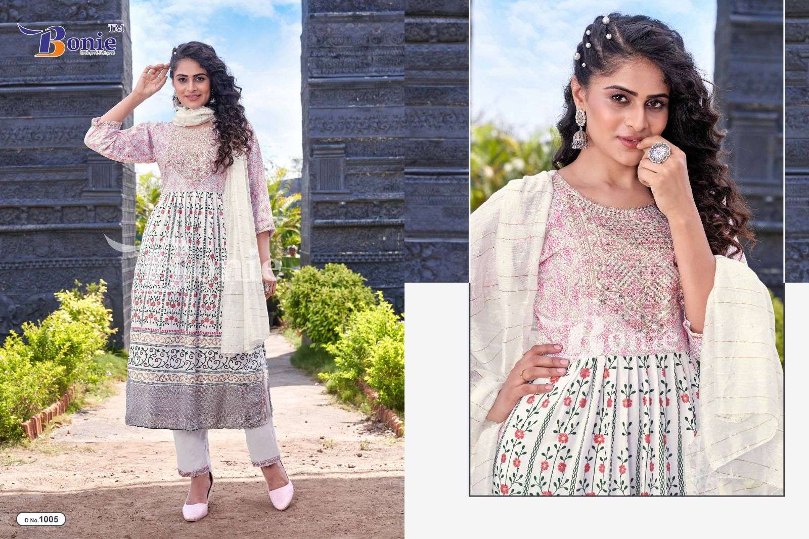 BONIE AAKRUTI Rayon 14KG Printed Nayra Kurties with Heavy Sequence work in top and Pant and dupatta READYMADE SUIT CATALOG WHOLESALER BEST RATE