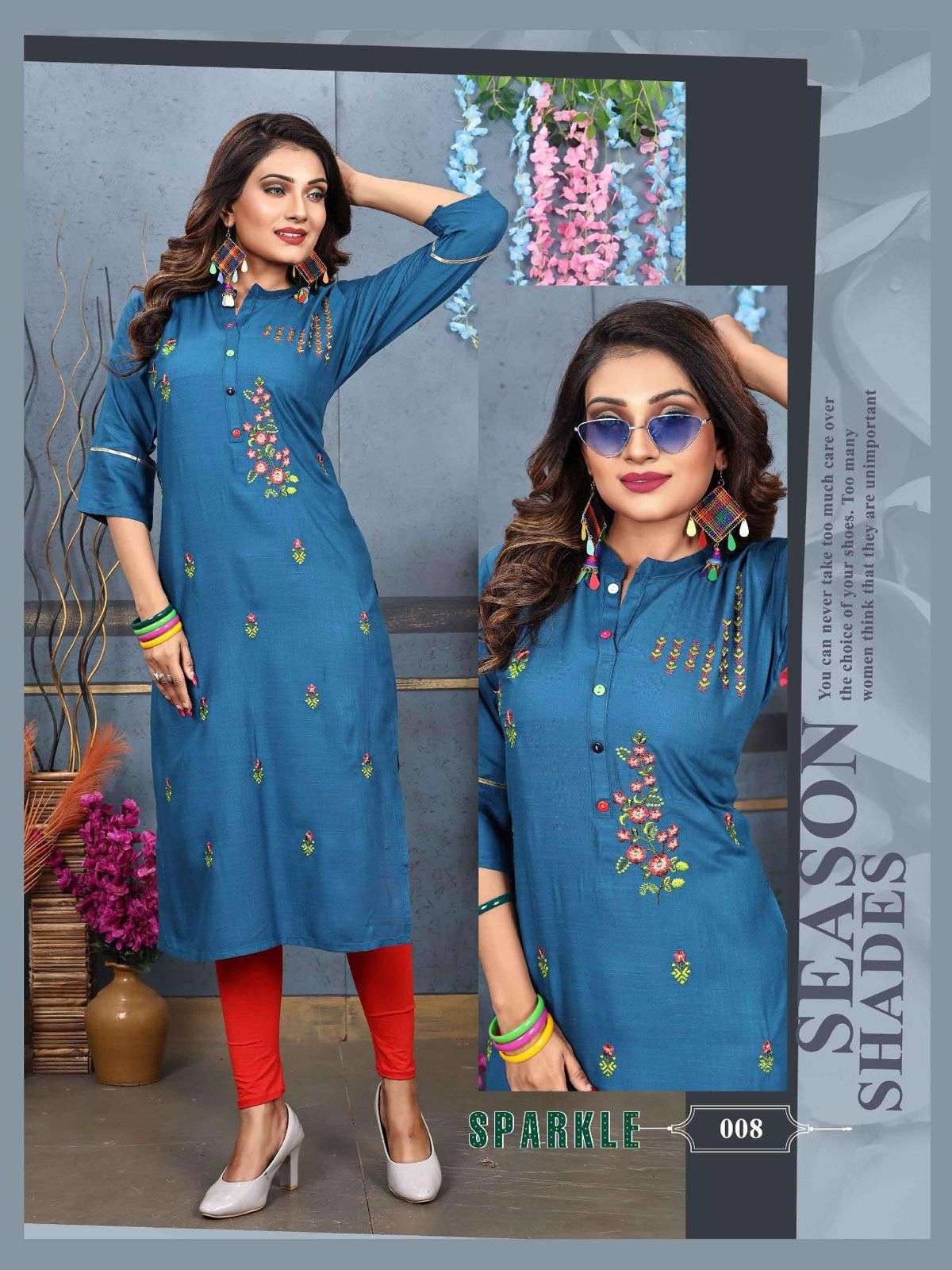 Trendy Agya Sparkle New Rayon Liquid Heavy Slub Embroidered Work, and Collar Kurti CATALOG WHOLESALER BEST RATE