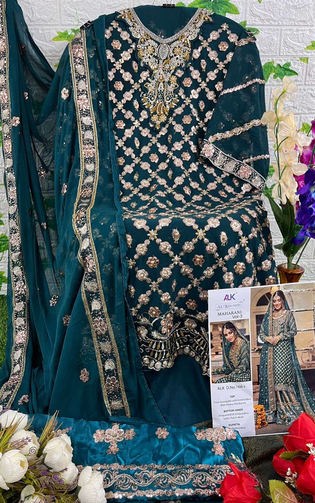 designer rama green color wedding salwar kameer 166i maharani vol 3 by al khushbu 