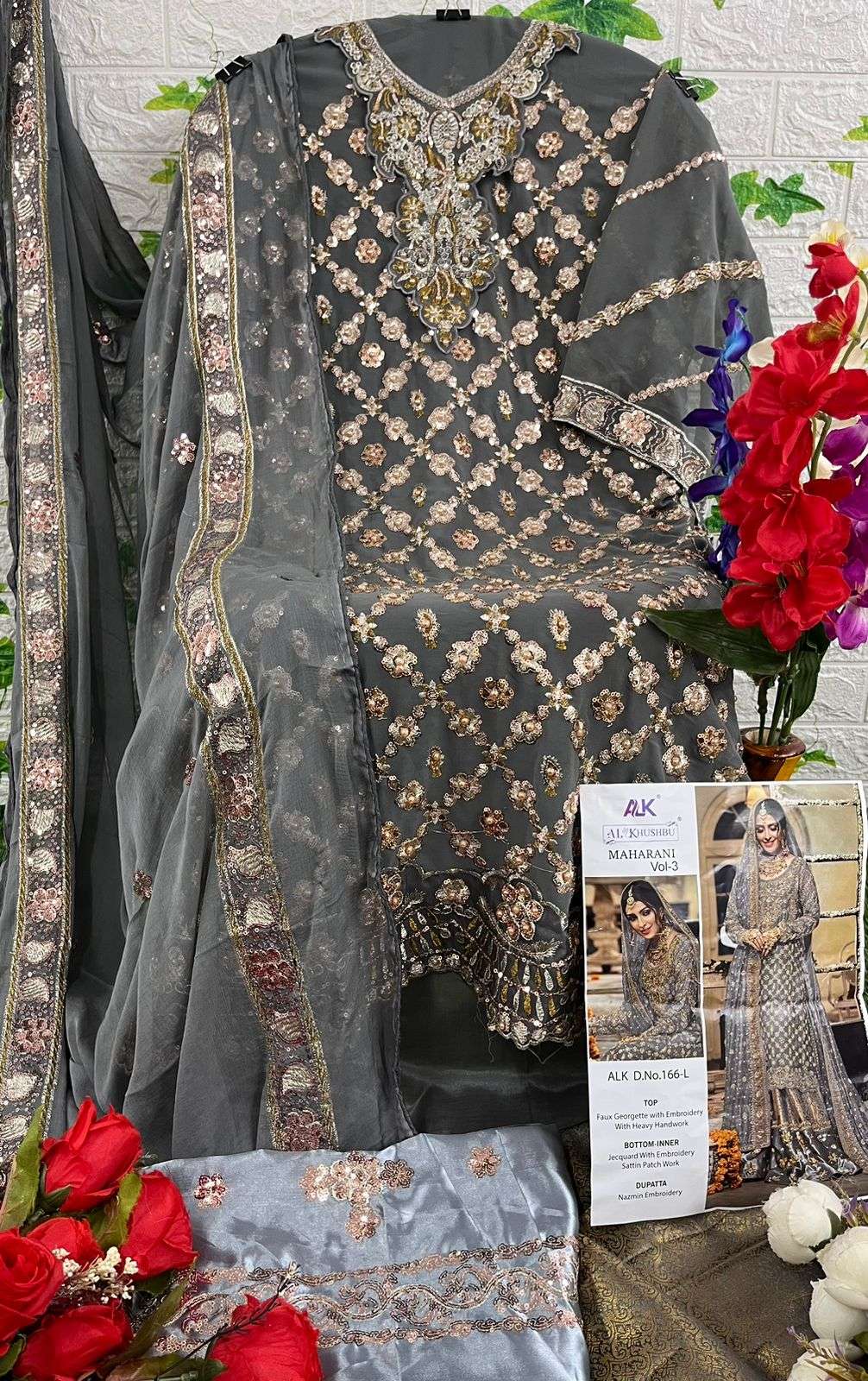 glorious grey color bridal salwar kameez 166l maharani vol 3 by al khushbu 