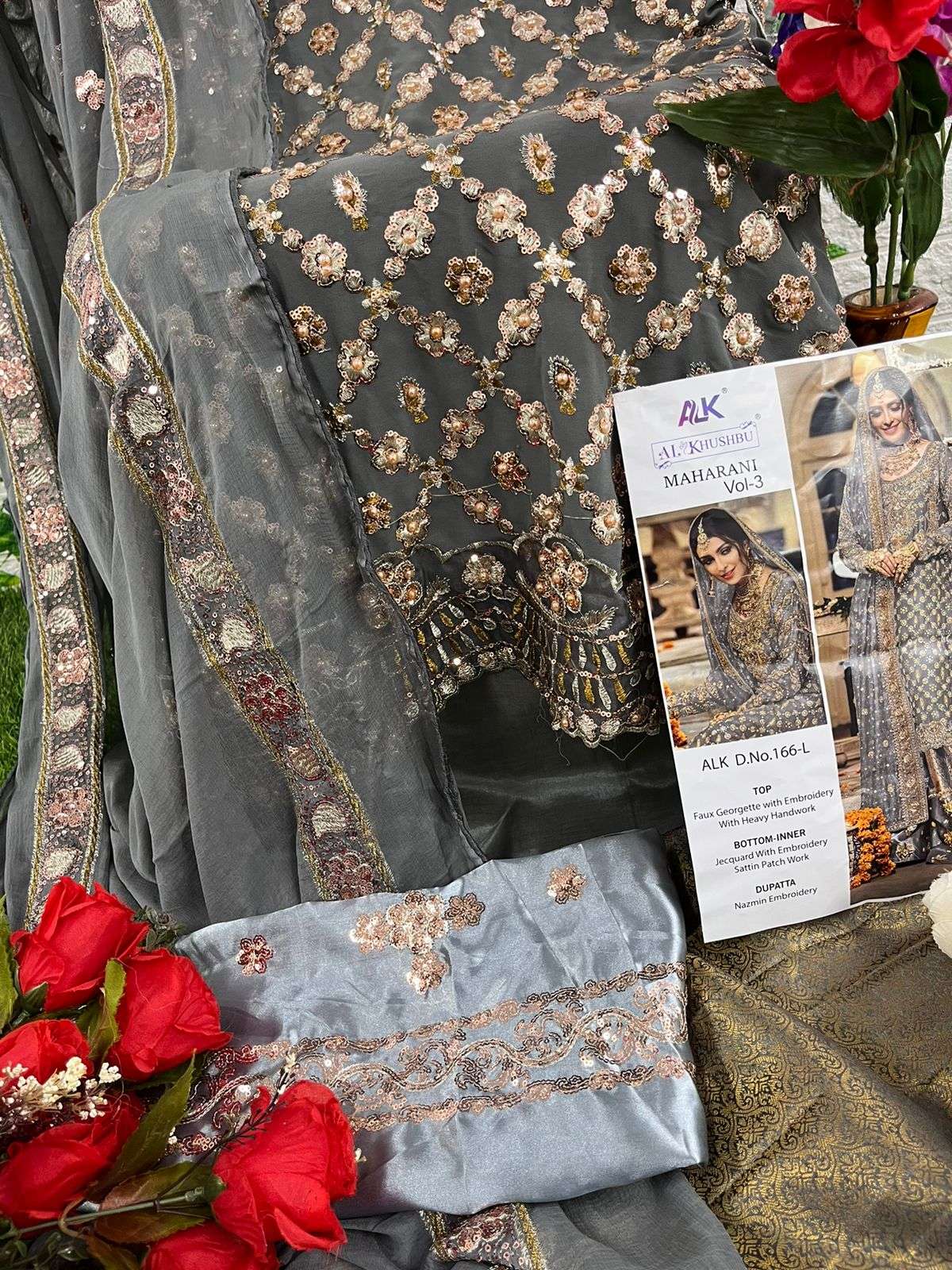 glorious grey color bridal salwar kameez 166l maharani vol 3 by al khushbu 