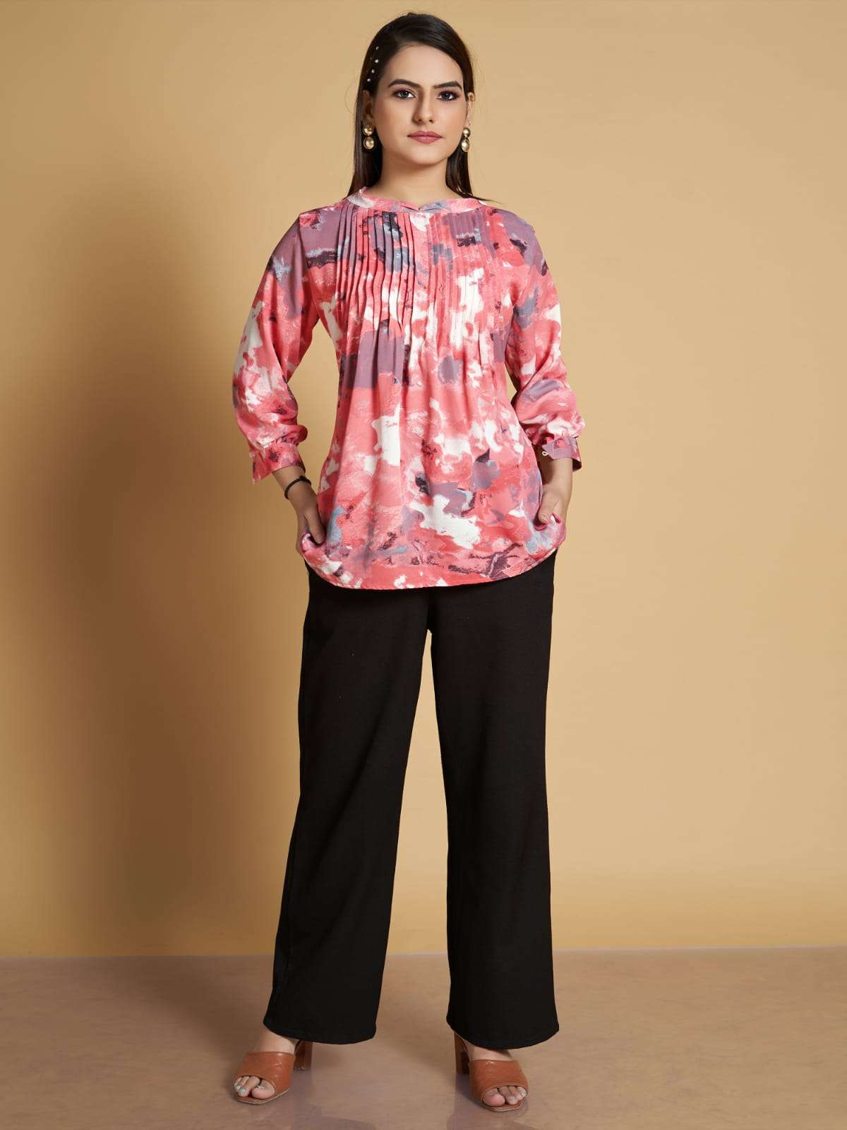 pr d103 abstarct printed pink color tunic tops combo set