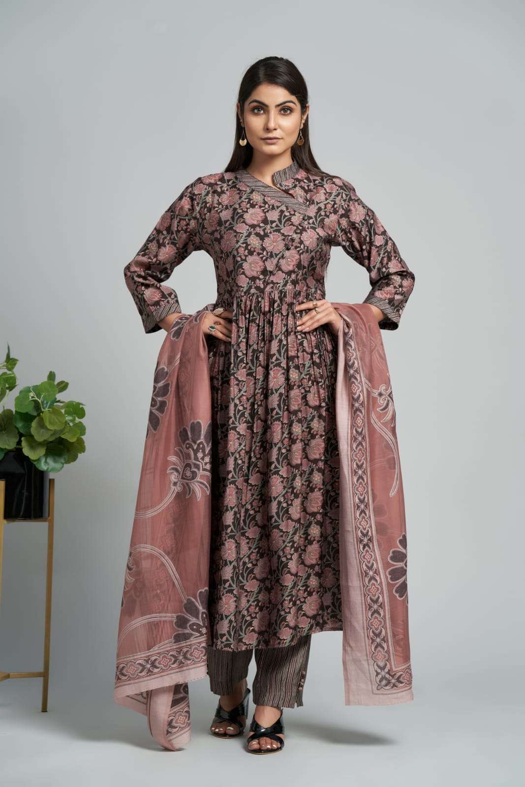 pr d124 designer printed brown color readymade salwar suit combo set