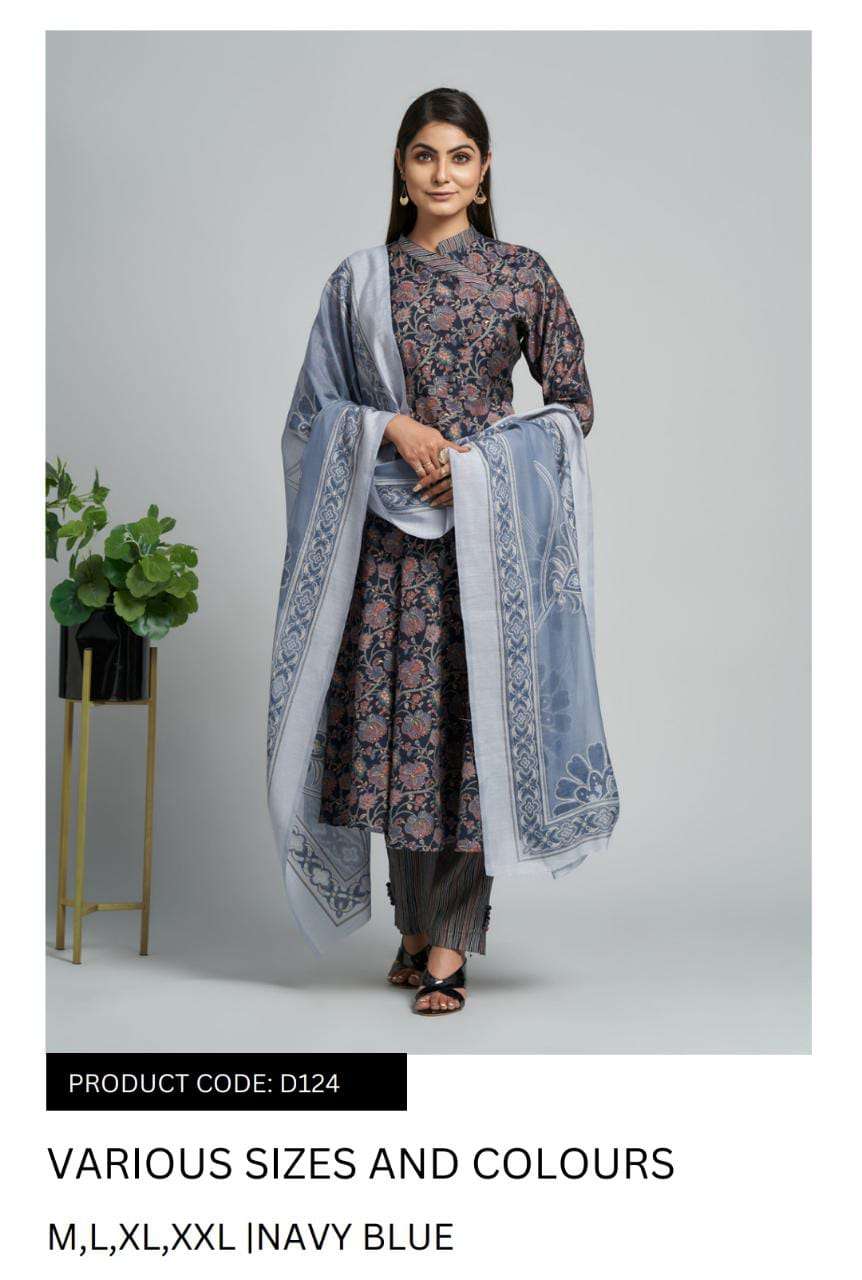 pr d124 designer printed navy blue color readymade salwar kameez combo set 