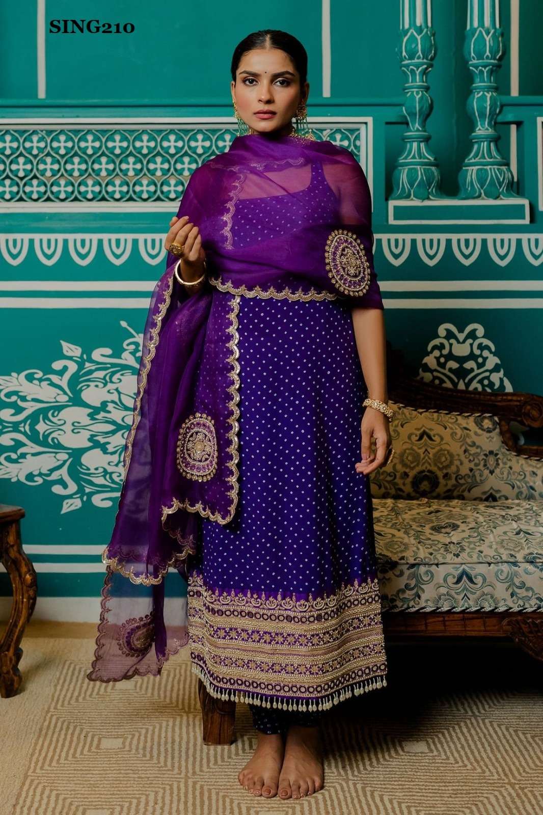 arya designs sing210 fancy work single purple color kurti with pant and organza dupatta 