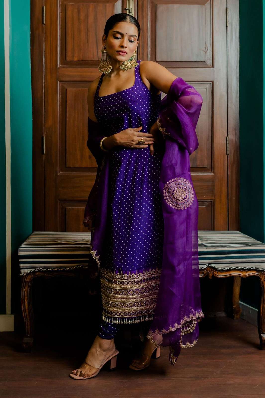 arya designs sing210 fancy work single purple color kurti with pant and organza dupatta 