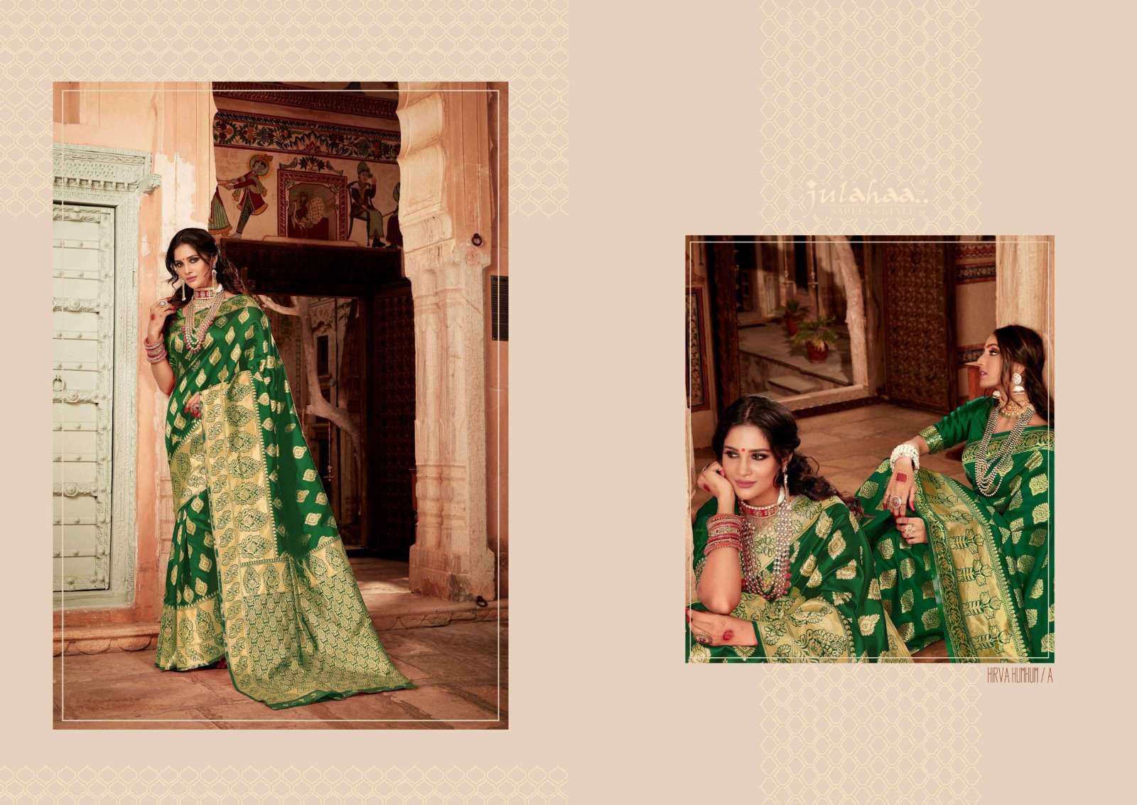 julahaa present hirva kumkum silk base amazing green colors sarees collection 