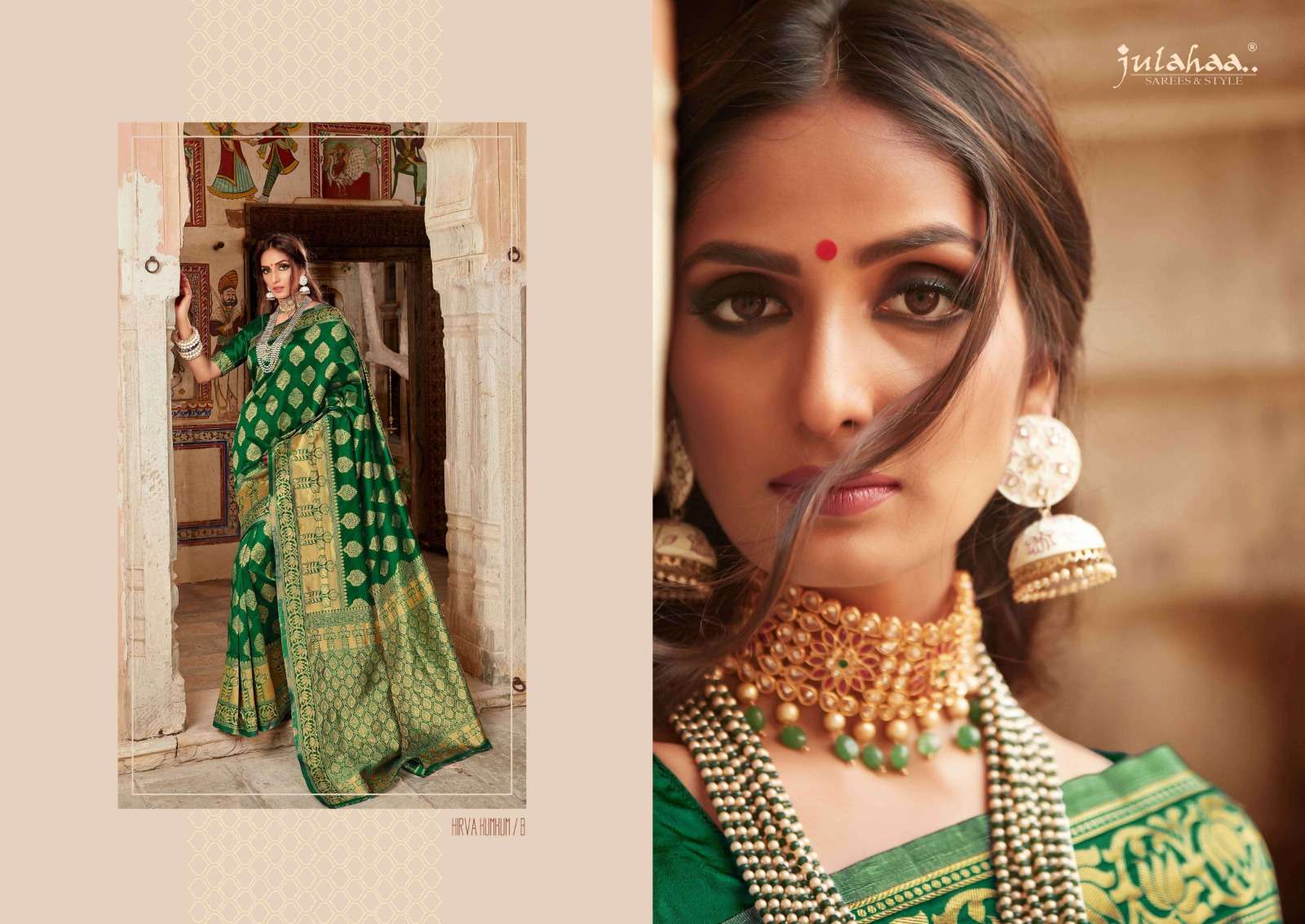 julahaa present hirva kumkum silk base amazing green colors sarees collection 