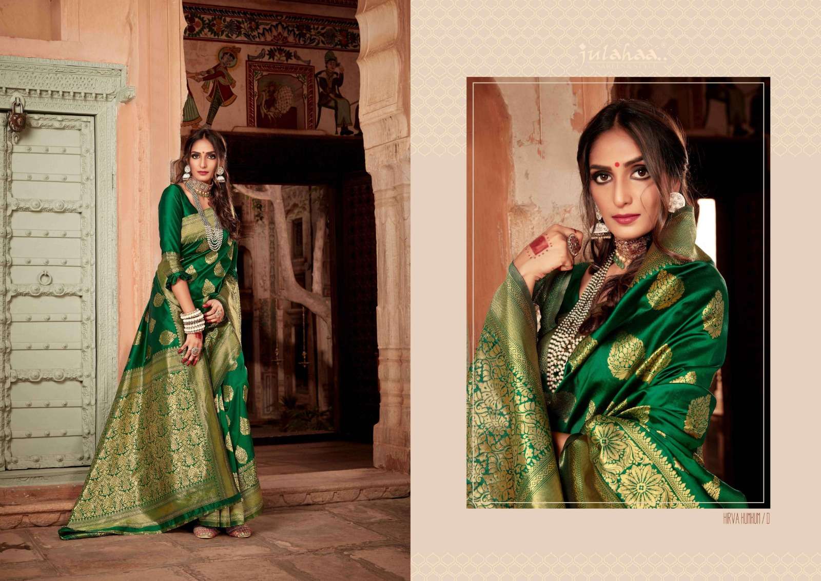 julahaa present hirva kumkum silk base amazing green colors sarees collection 