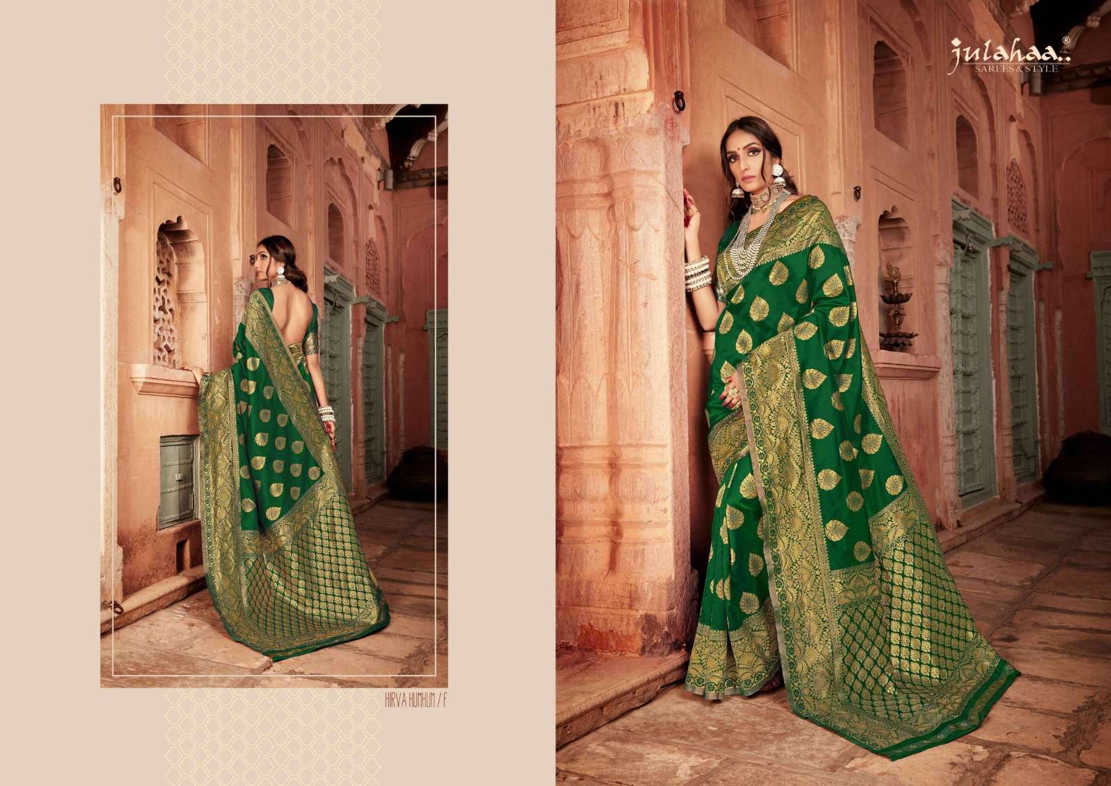 julahaa present hirva kumkum silk base amazing green colors sarees collection 