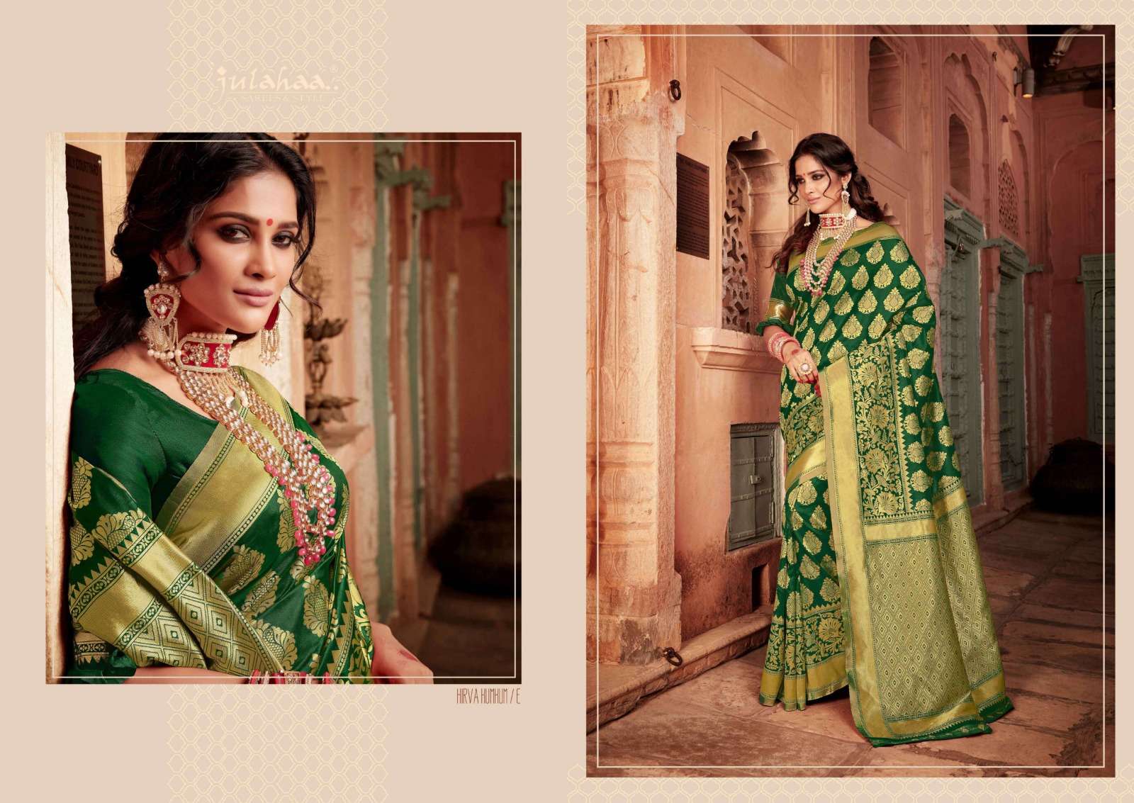 julahaa present hirva kumkum silk base amazing green colors sarees collection 
