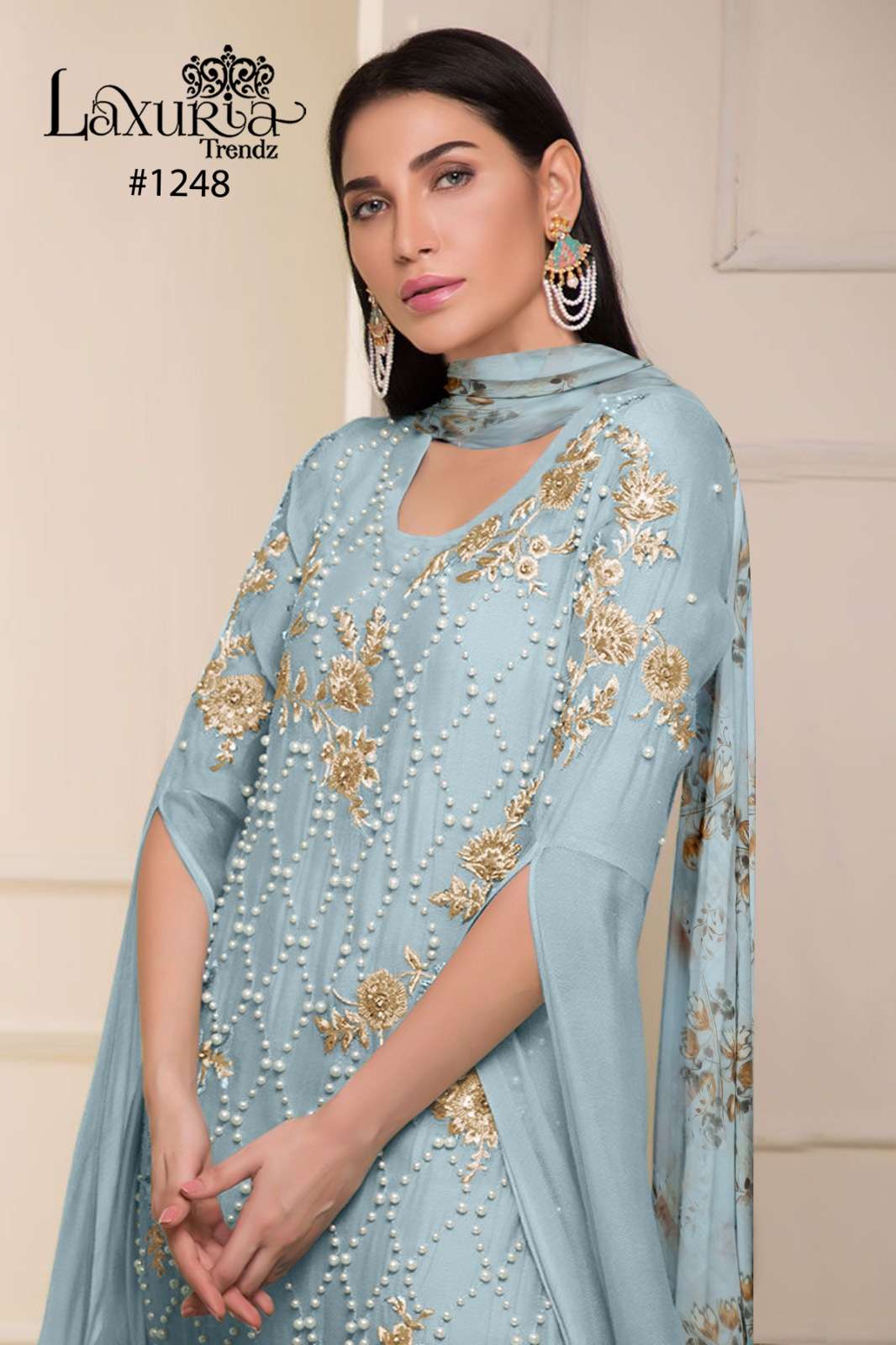 laxuria 1248 amazing 3pcs set ocean blue color pearl handwork kurti with fancy pant and digital dupatta