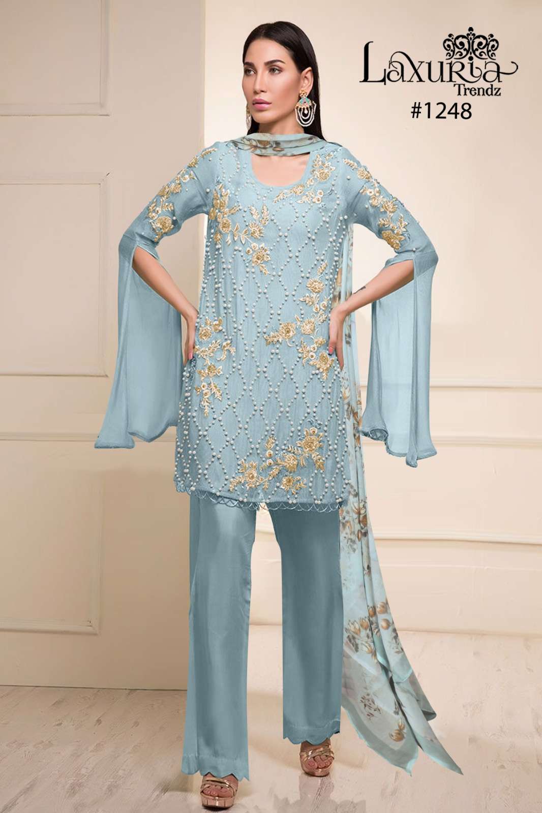 laxuria 1248 amazing 3pcs set ocean blue color pearl handwork kurti with fancy pant and digital dupatta