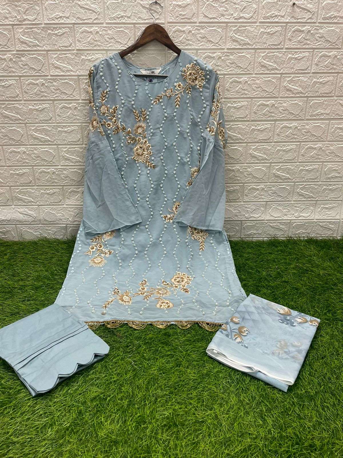 laxuria 1248 amazing 3pcs set ocean blue color pearl handwork kurti with fancy pant and digital dupatta