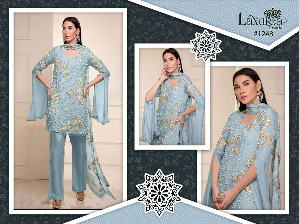 laxuria 1248 amazing 3pcs set ocean blue color pearl handwork kurti with fancy pant and digital dupatta
