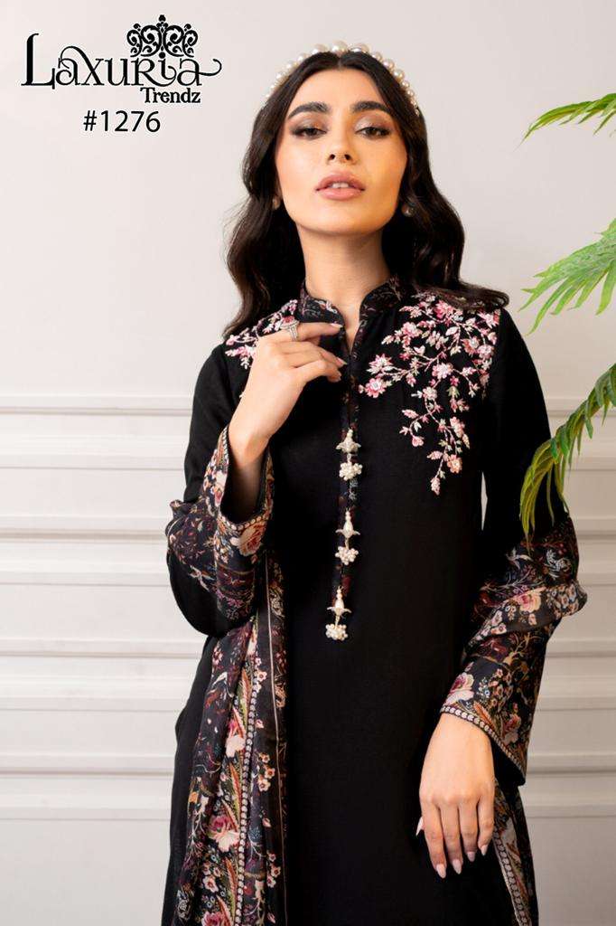 laxuria 1276 designer black colour floral decorated fullstitch pakistani salwar kameez 