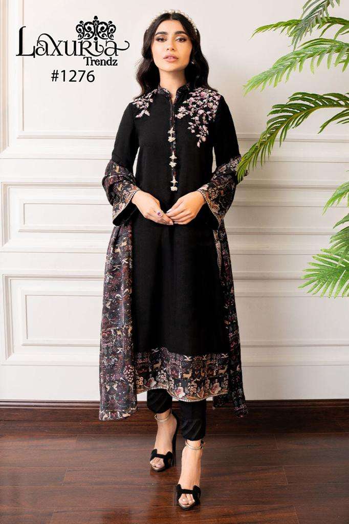 laxuria 1276 designer black colour floral decorated fullstitch pakistani salwar kameez 