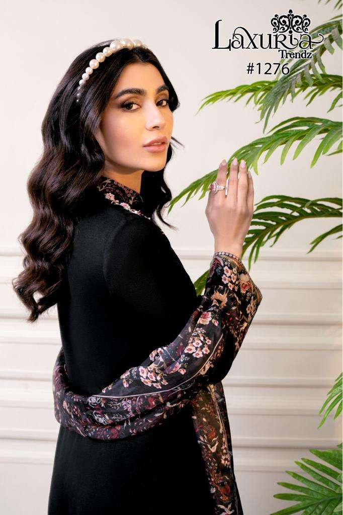 laxuria 1276 designer black colour floral decorated fullstitch pakistani salwar kameez 