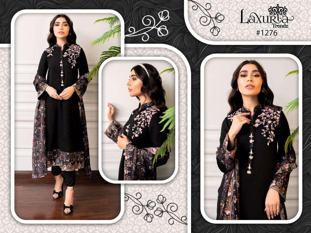 laxuria 1276 designer black colour floral decorated fullstitch pakistani salwar kameez 