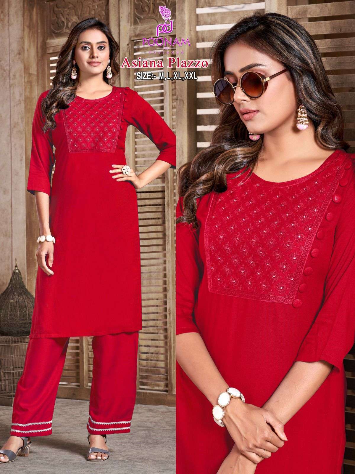poonam designer present asiana plazzo fancy work cord set kurti with plazo pant 