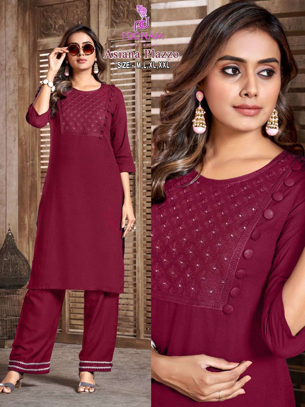 poonam designer present asiana plazzo fancy work cord set kurti with plazo pant 