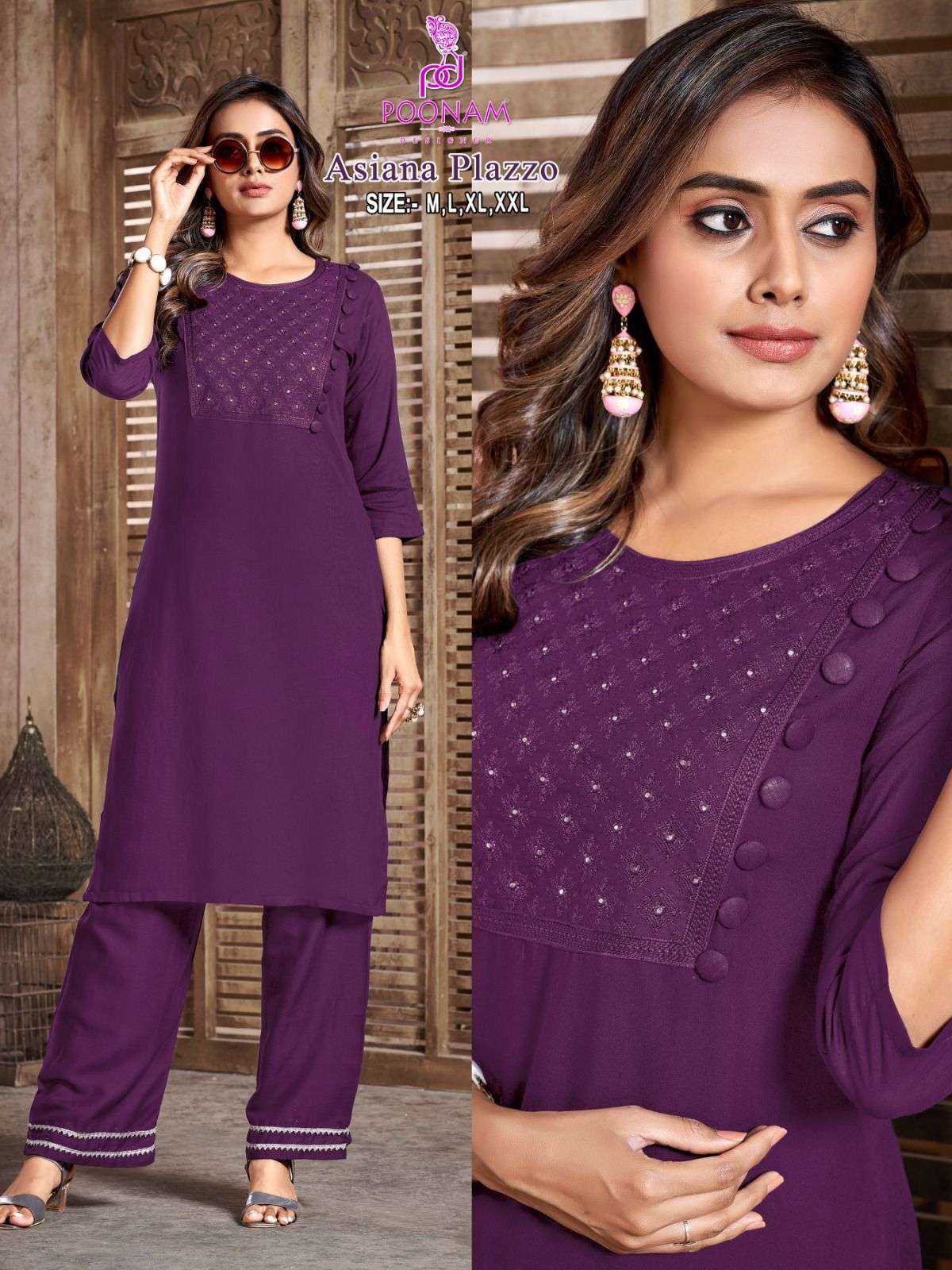 poonam designer present asiana plazzo fancy work cord set kurti with plazo pant 