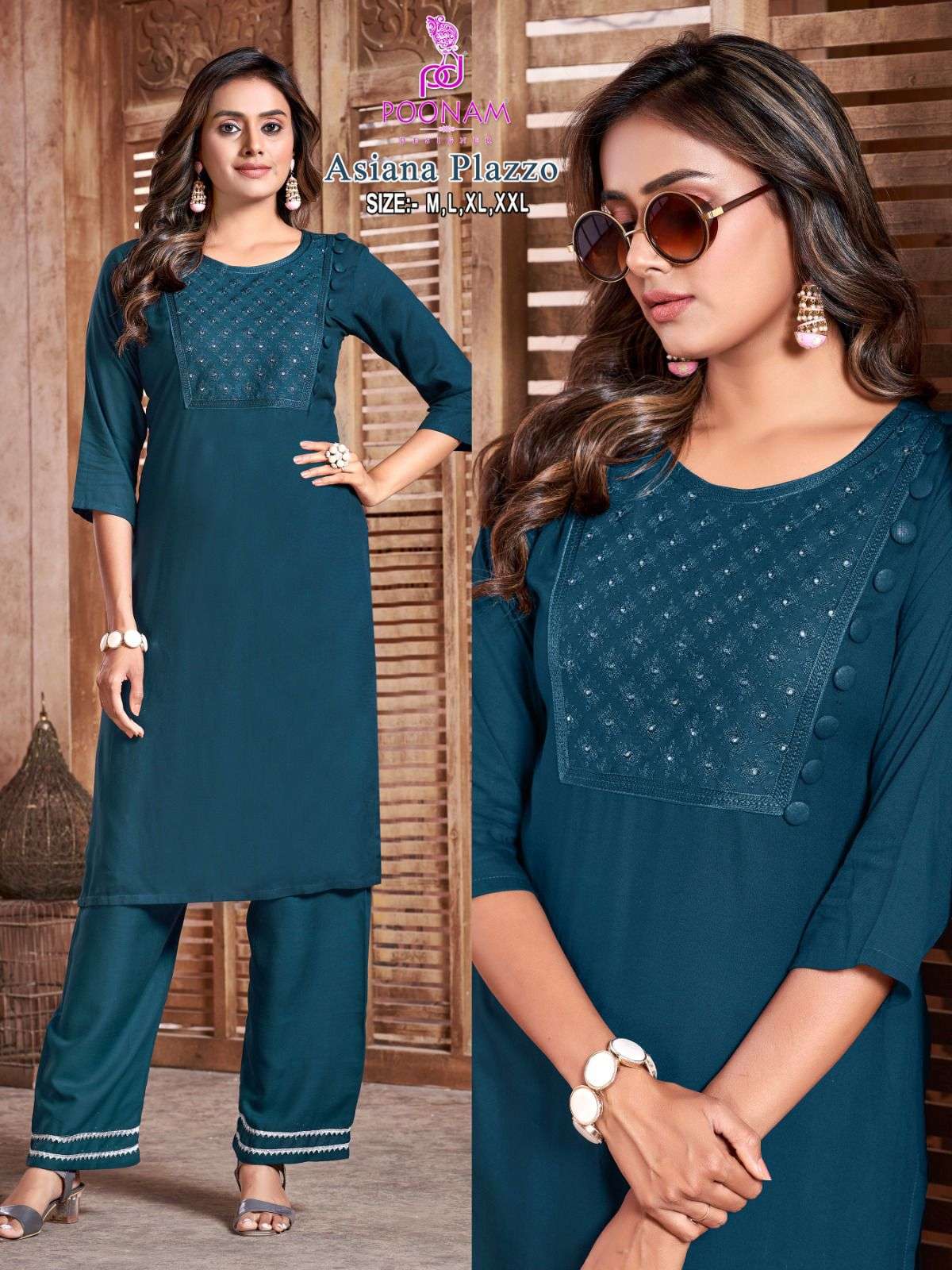 poonam designer present asiana plazzo fancy work cord set kurti with plazo pant 