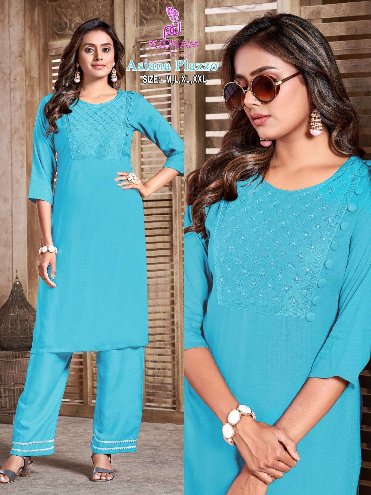 poonam designer present asiana plazzo fancy work cord set kurti with plazo pant 