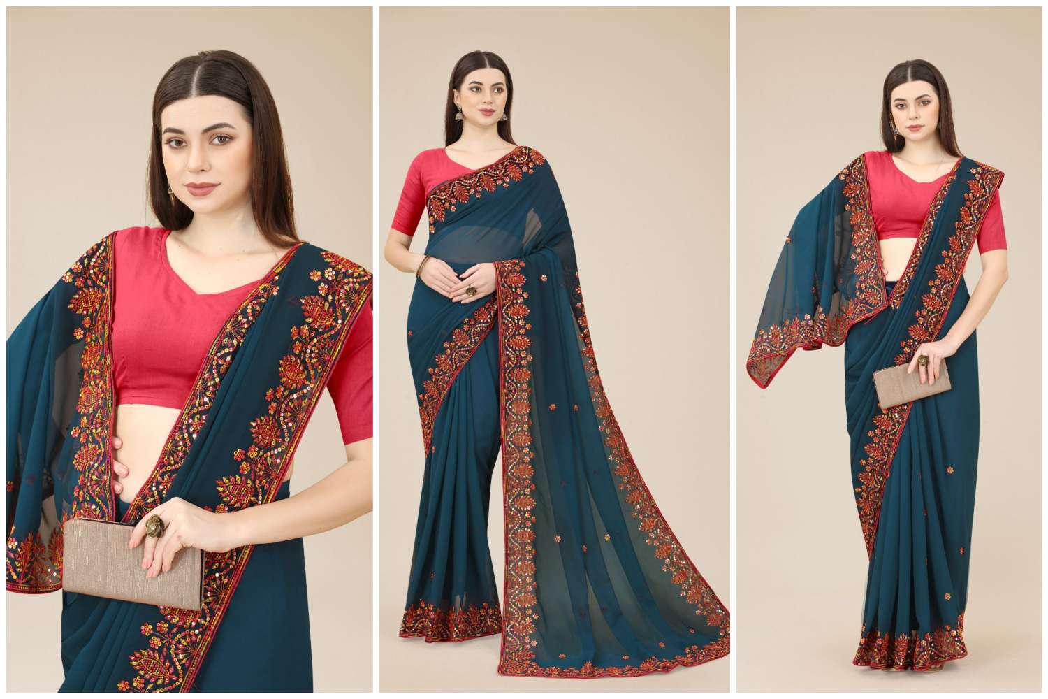 Rashmita Georgette Saree  With Heavy Embroidered Border & Blouse Mono Banglory Silk
