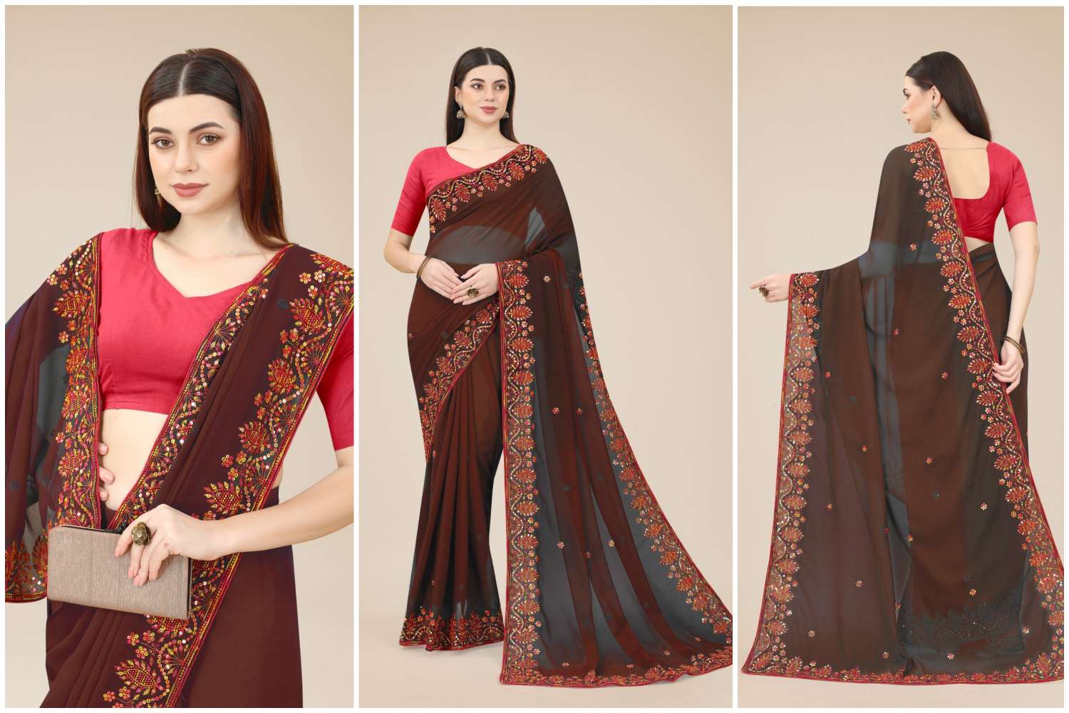 Rashmita Georgette Saree  With Heavy Embroidered Border & Blouse Mono Banglory Silk