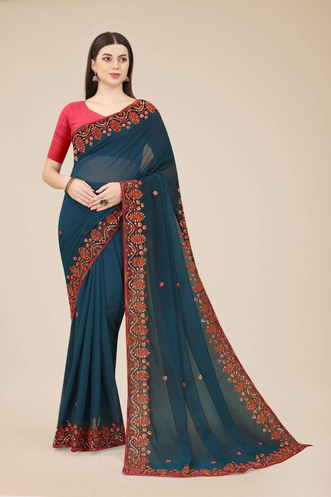 Rashmita Georgette Saree  With Heavy Embroidered Border & Blouse Mono Banglory Silk