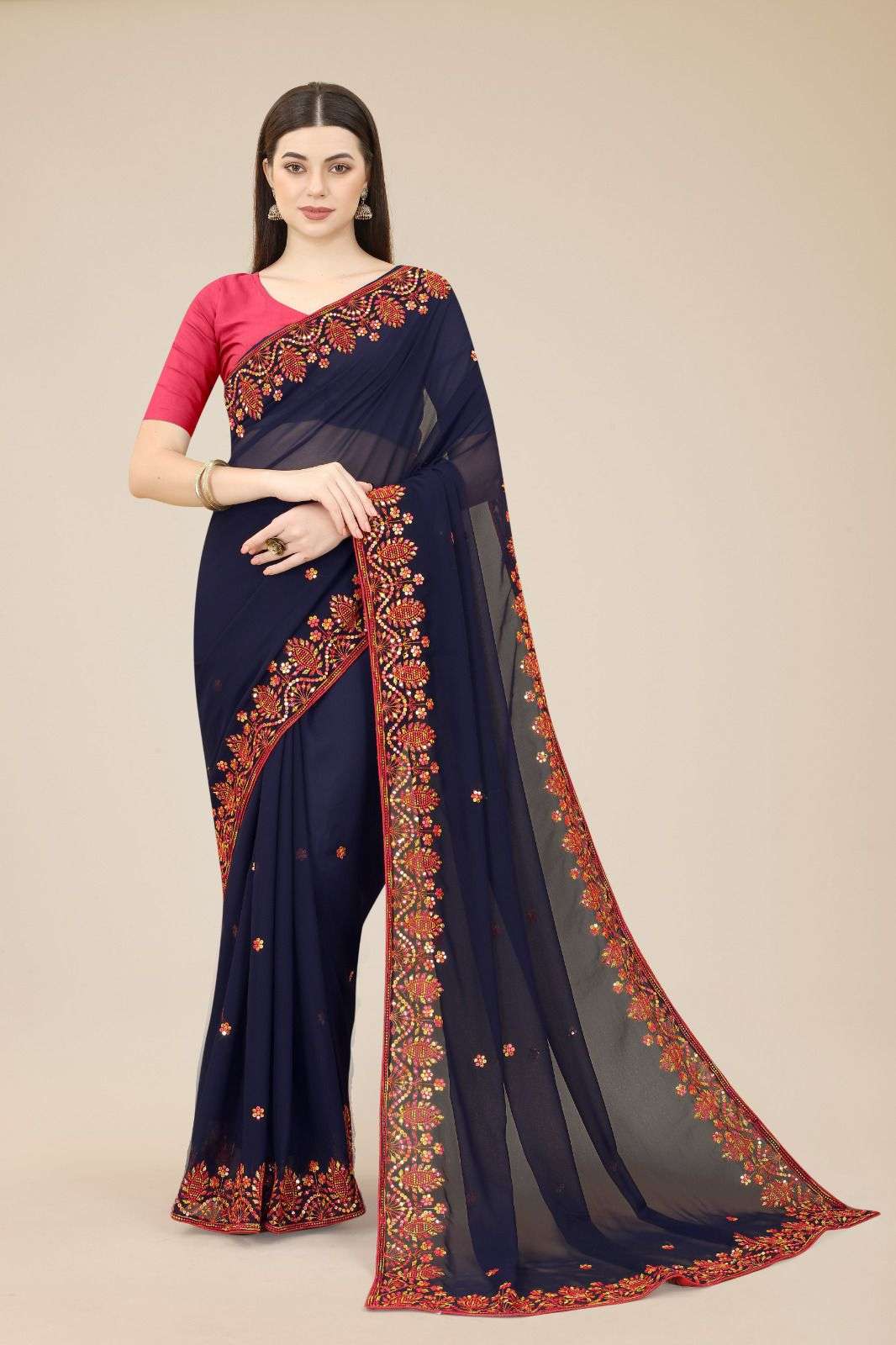 Rashmita Georgette Saree  With Heavy Embroidered Border & Blouse Mono Banglory Silk