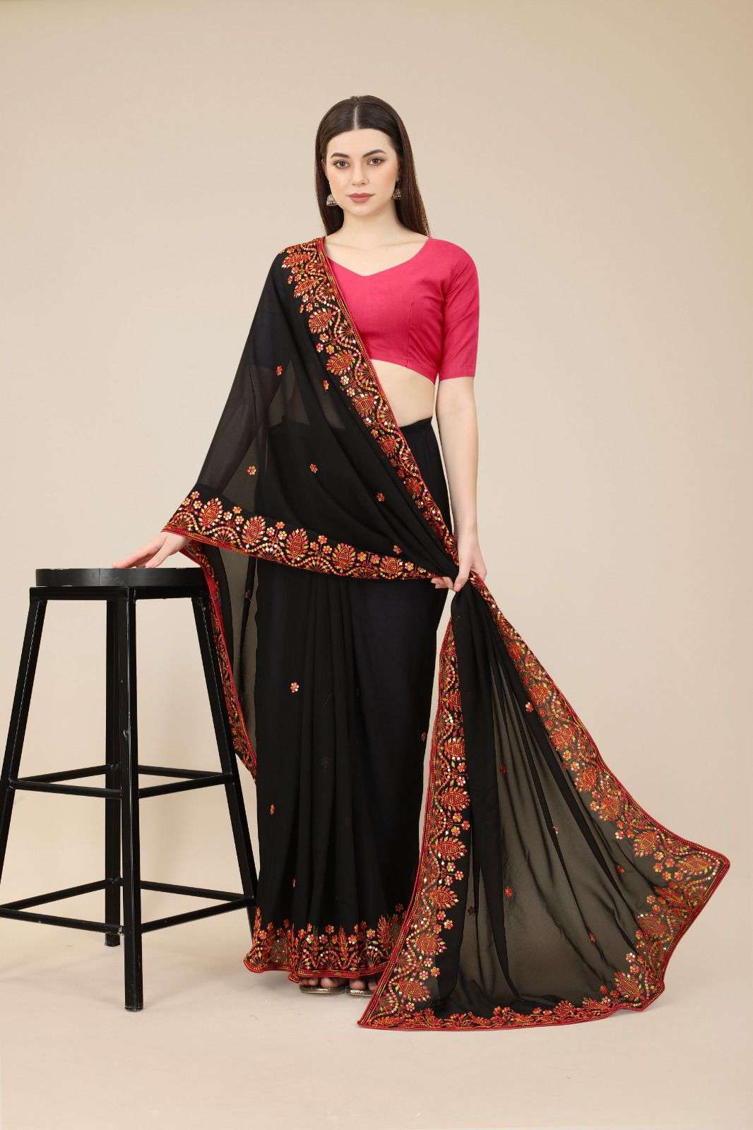 Rashmita Georgette Saree  With Heavy Embroidered Border & Blouse Mono Banglory Silk