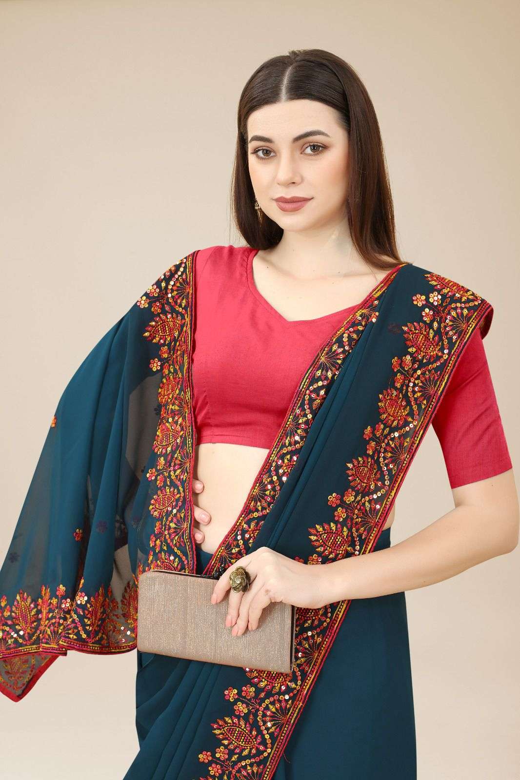 Rashmita Georgette Saree  With Heavy Embroidered Border & Blouse Mono Banglory Silk