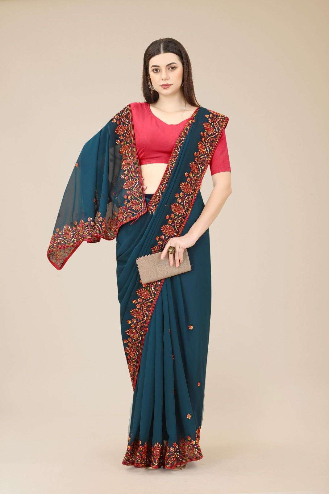 Rashmita Georgette Saree  With Heavy Embroidered Border & Blouse Mono Banglory Silk