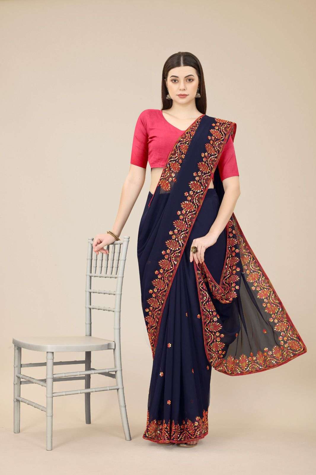 Rashmita Georgette Saree  With Heavy Embroidered Border & Blouse Mono Banglory Silk