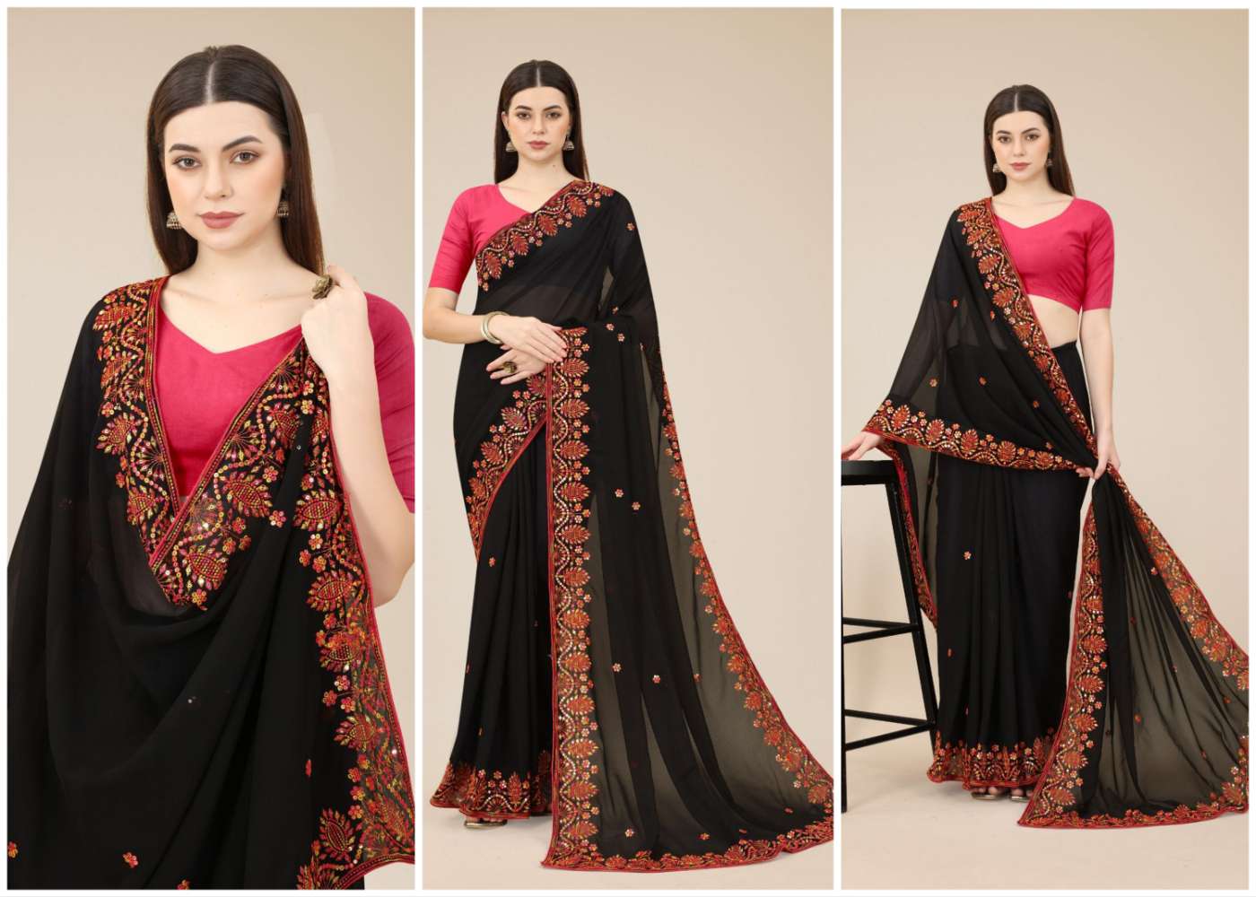 Rashmita Georgette Saree  With Heavy Embroidered Border & Blouse Mono Banglory Silk