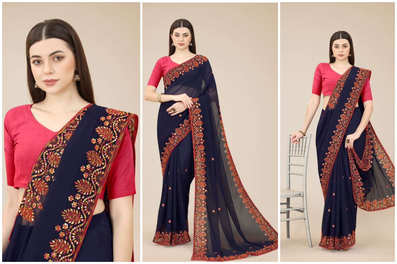 Rashmita Georgette Saree  With Heavy Embroidered Border & Blouse Mono Banglory Silk