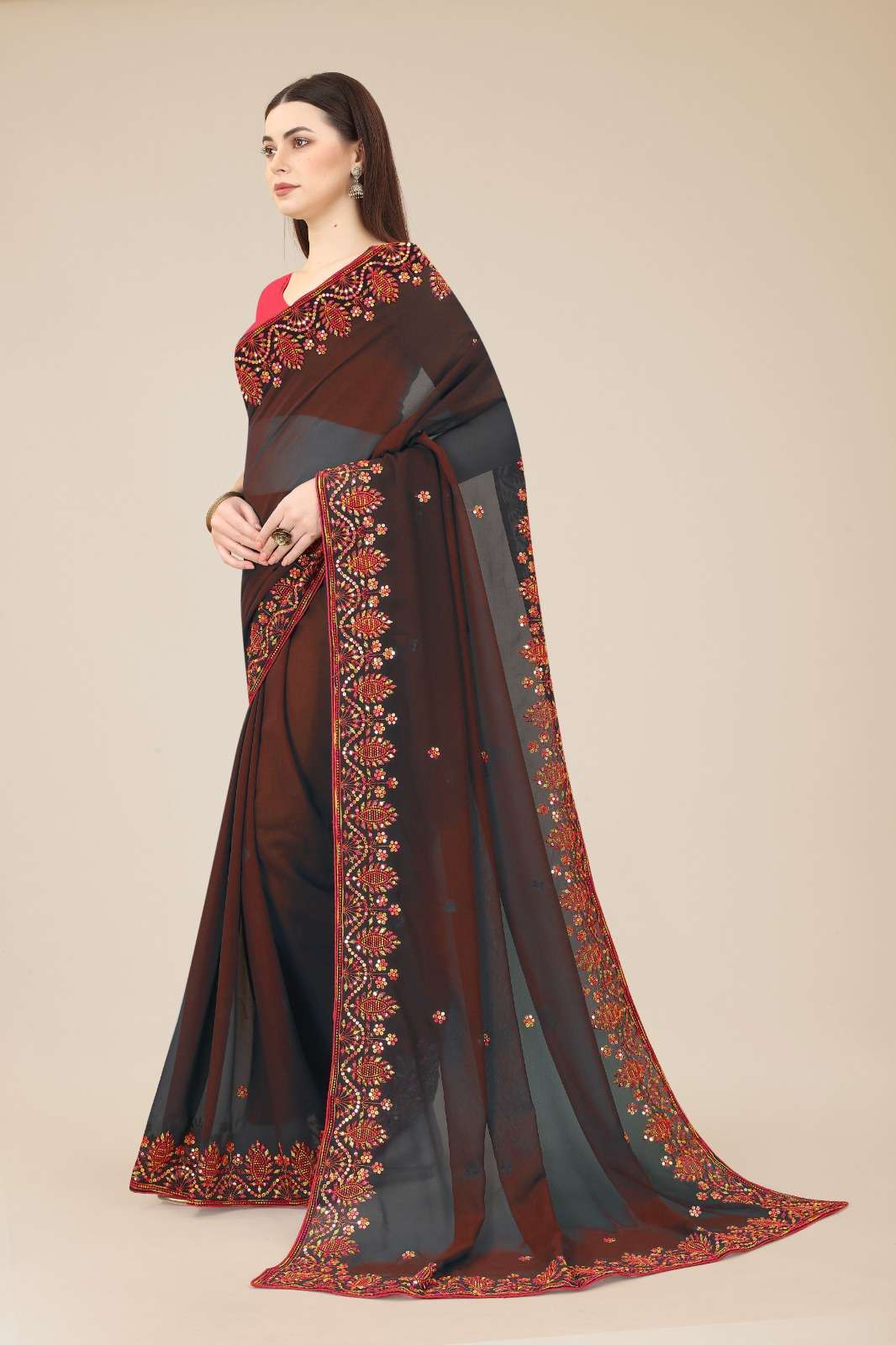 Rashmita Georgette Saree  With Heavy Embroidered Border & Blouse Mono Banglory Silk