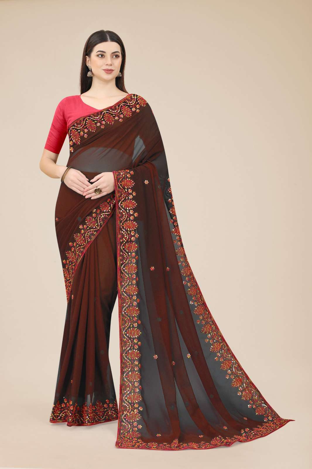 Rashmita Georgette Saree  With Heavy Embroidered Border & Blouse Mono Banglory Silk