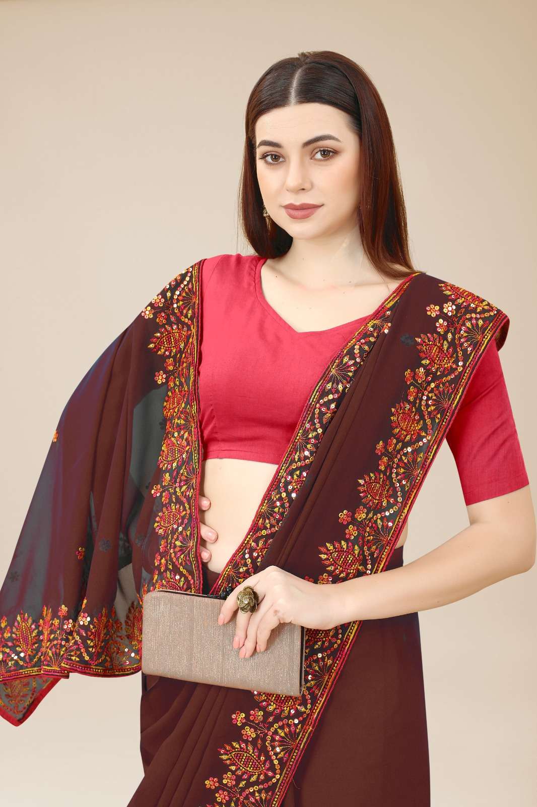 Rashmita Georgette Saree  With Heavy Embroidered Border & Blouse Mono Banglory Silk