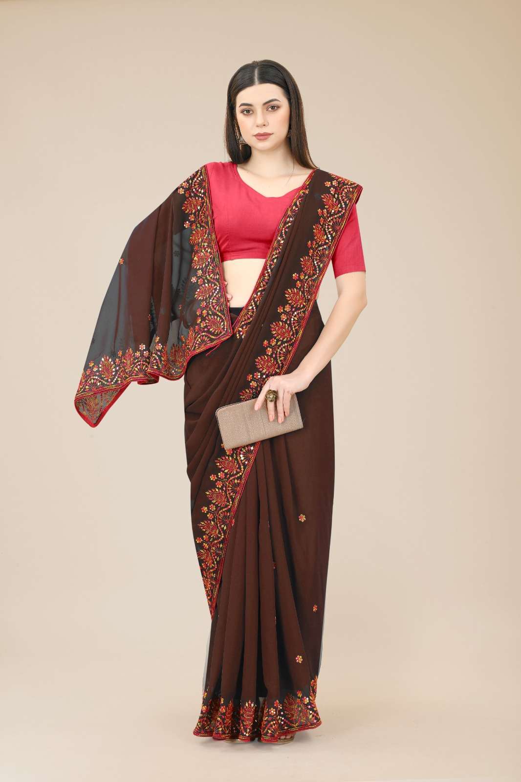 Rashmita Georgette Saree  With Heavy Embroidered Border & Blouse Mono Banglory Silk