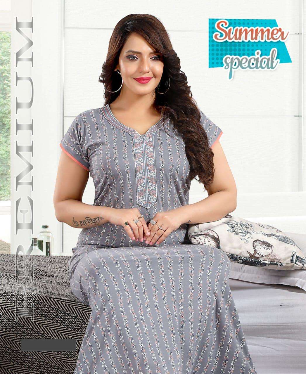 SUMMER SPECIAL SHINKER NIGHTY GOWN VOL.PRAGYA HEAVY SHINKER PRINTED HOSIERY COTTON NIGHTY GOWN WITH EMBROIDERY WORK CATALOG WHOLESALER BEST RATE
