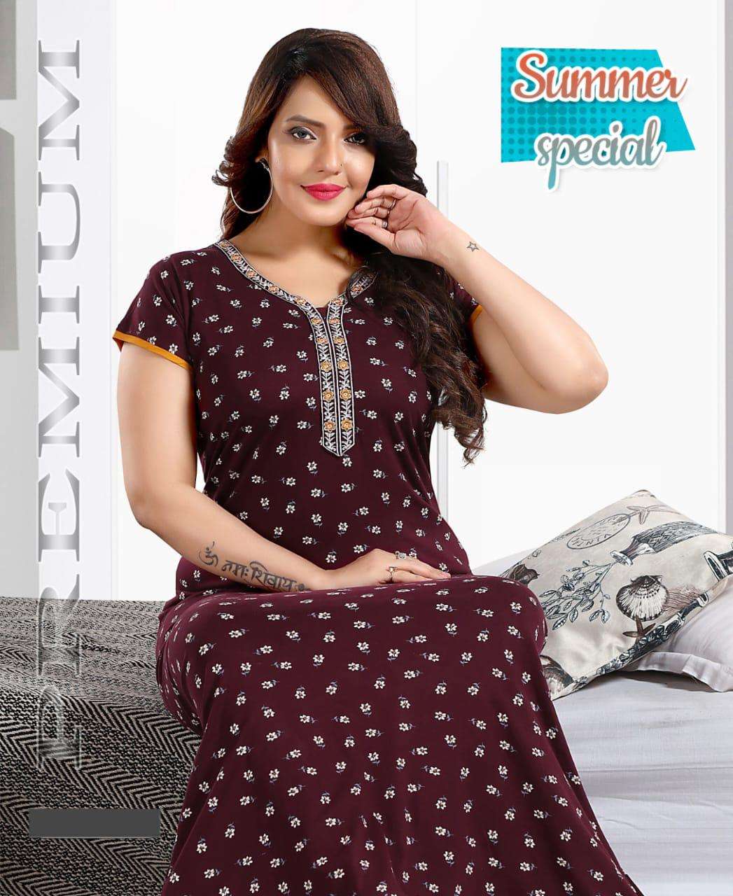 SUMMER SPECIAL SHINKER NIGHTY GOWN VOL.PRAGYA HEAVY SHINKER PRINTED HOSIERY COTTON NIGHTY GOWN WITH EMBROIDERY WORK CATALOG WHOLESALER BEST RATE